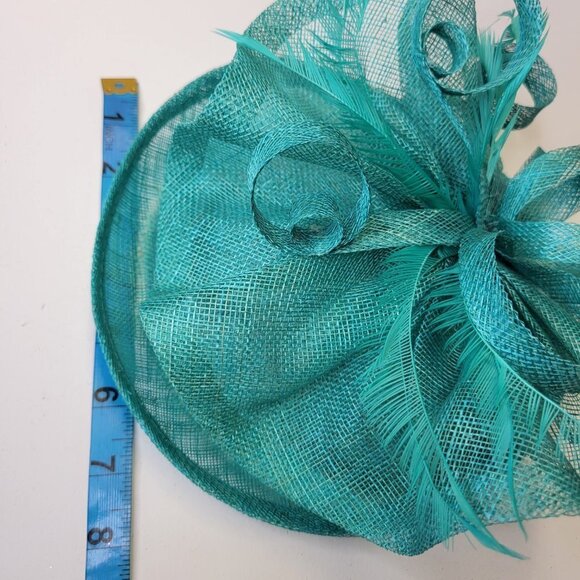Teal Blue Fascinator with an Upturned Brim Sinamay Loops Rosettes and Feathers - Picture 9 of 16